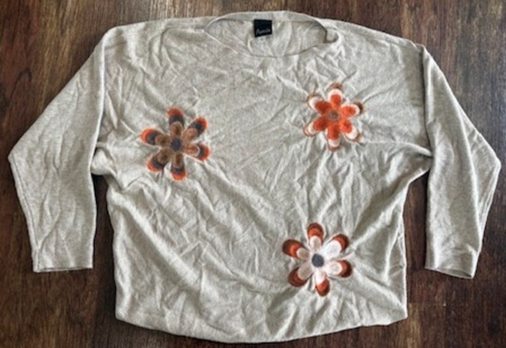 Aaeda Tan Knit Sweater with Floral Appliques Women's Size Large
